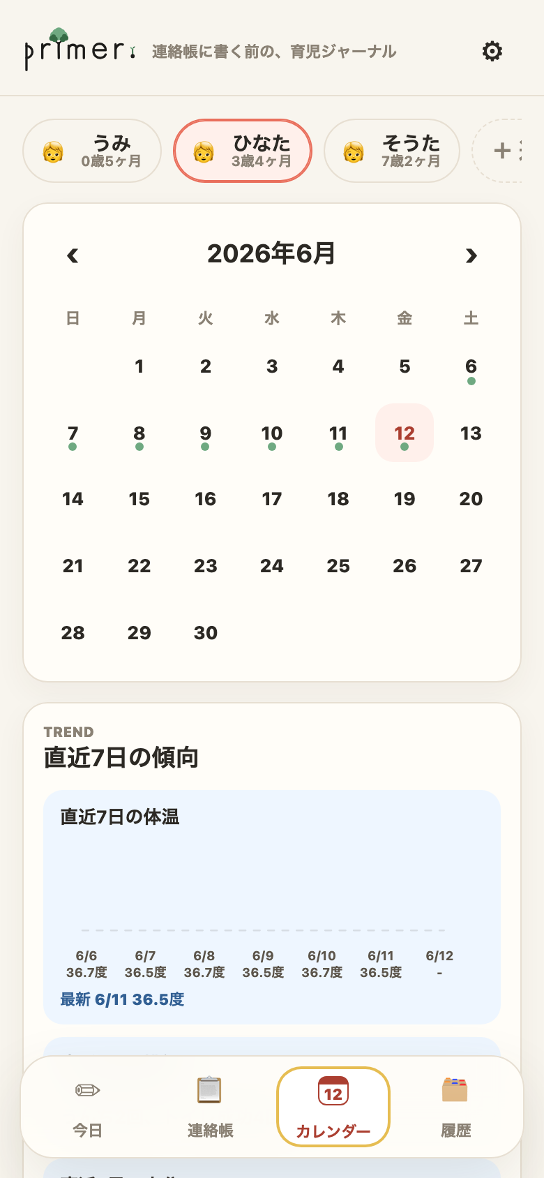 カレンダー。記録のある日に緑の点